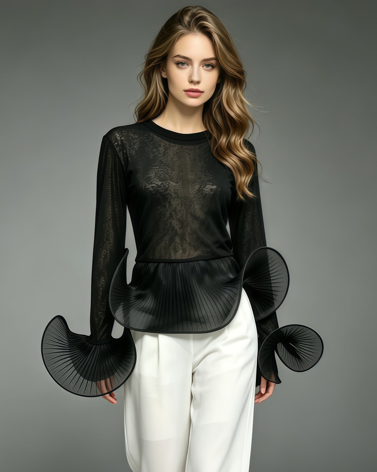 Black Sheer Mesh Long Sleeve Top