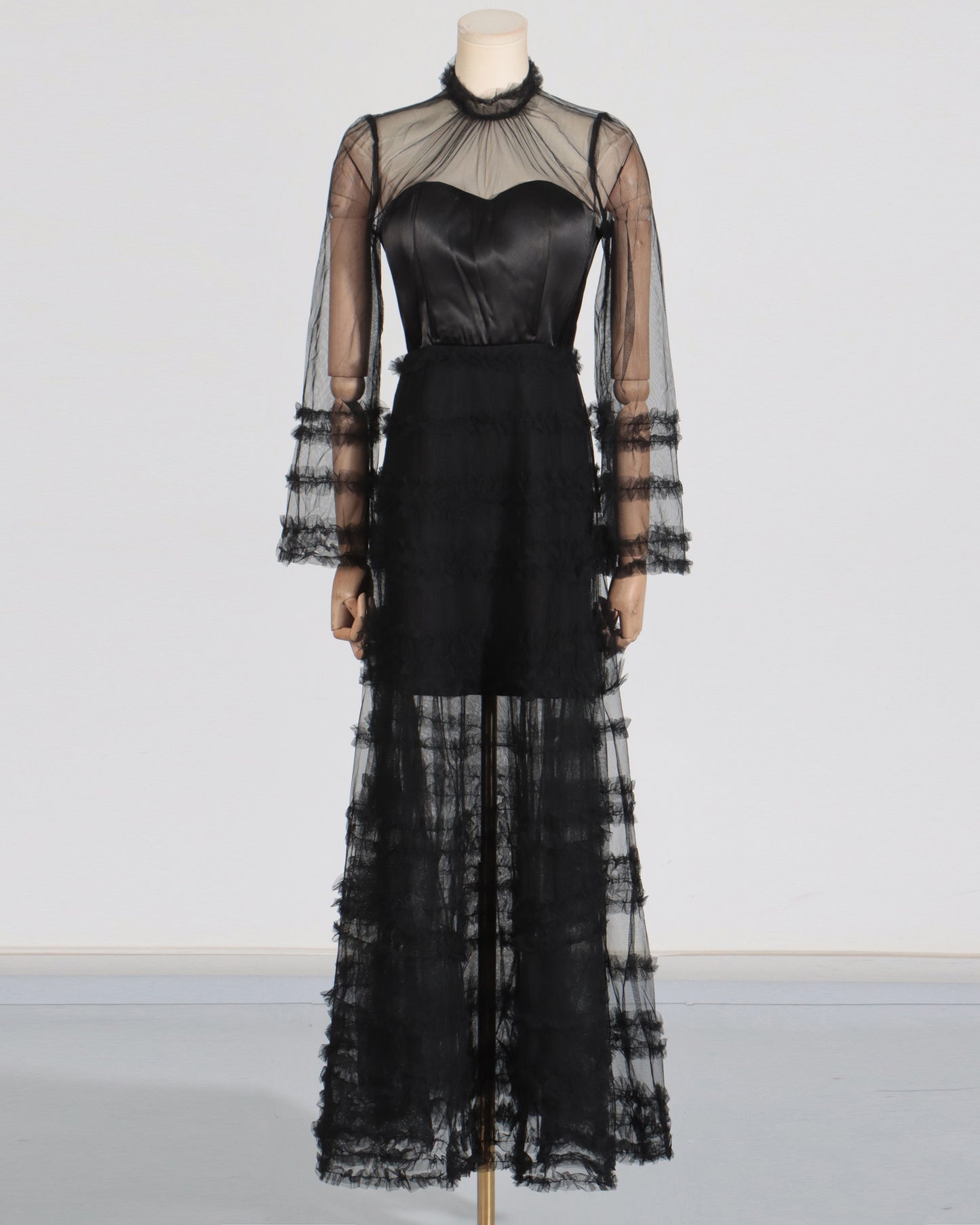 Black Sheer Tulle Ruffled Maxi Dress