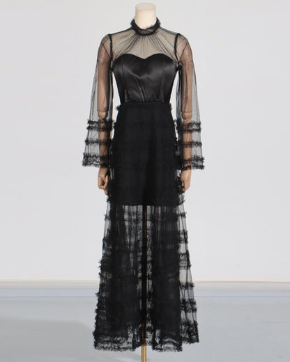 Black Sheer Tulle Ruffled Maxi Dress