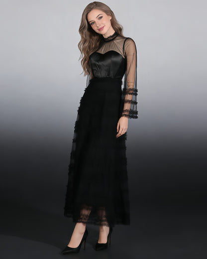 Black Sheer Tulle Ruffled Maxi Dress