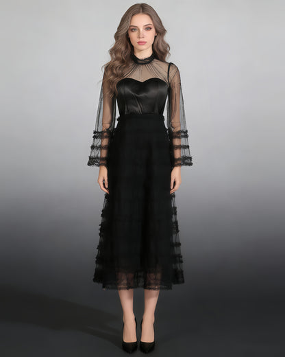Black Sheer Tulle Ruffled Maxi Dress