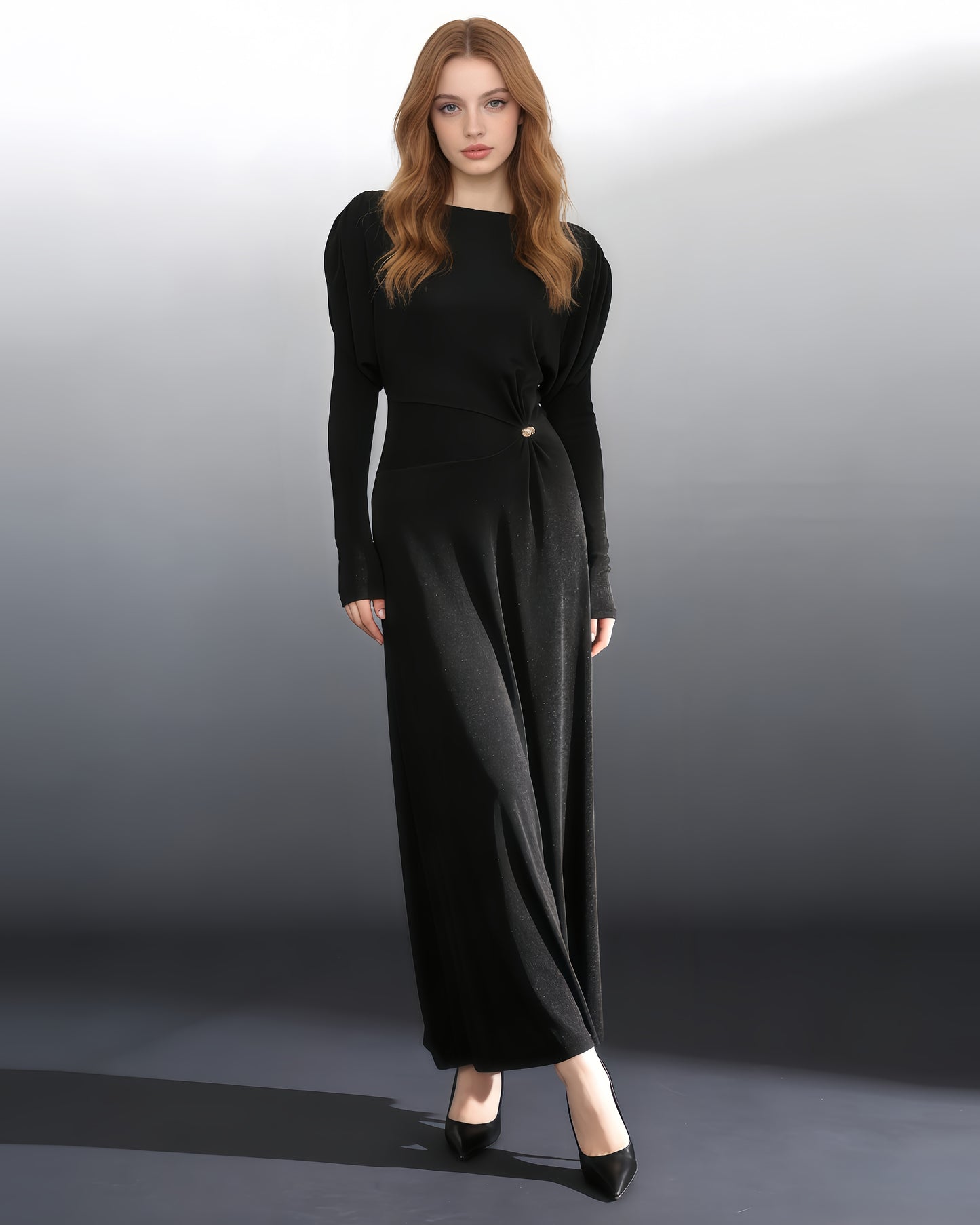 Black Shimmer Maxi Dress Puff Sleeves