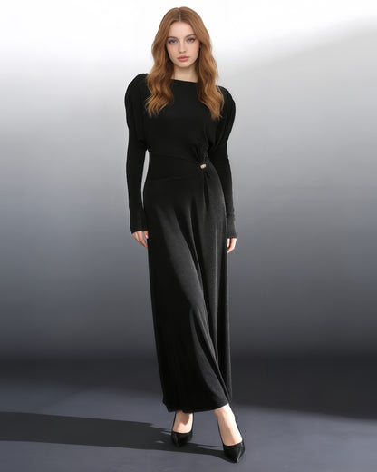 Black Shimmer Maxi Dress Puff Sleeves