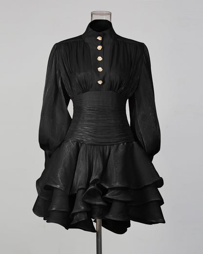 Black Shimmer Puff Sleeve Ruffled Mini Dress