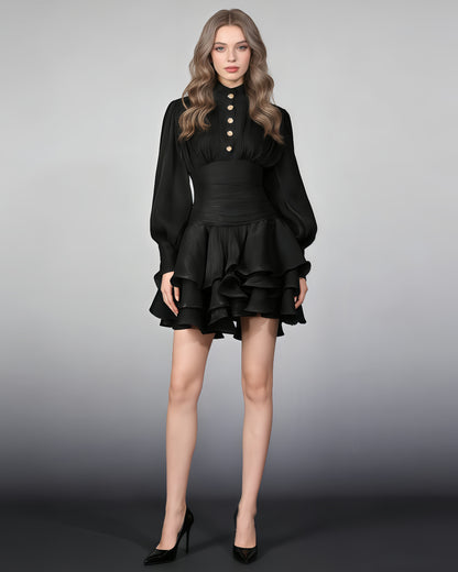 Black Shimmer Puff Sleeve Ruffled Mini Dress