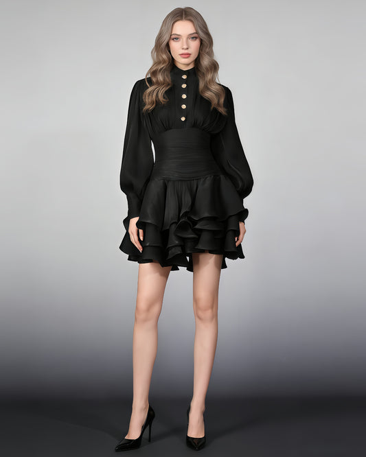 Black Shimmer Puff Sleeve Ruffled Mini Dress