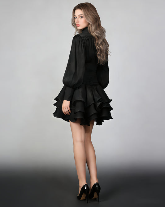 Black Shimmer Puff Sleeve Ruffled Mini Dress
