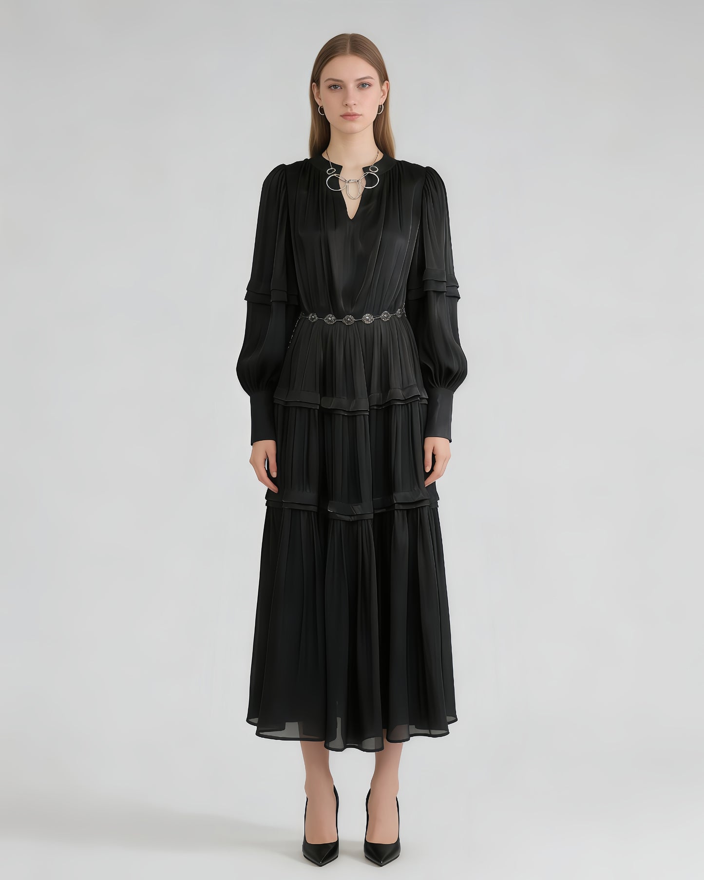 Black Shiny Lantern Sleeve Tiered Maxi Dress