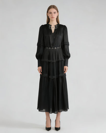 Black Shiny Lantern Sleeve Tiered Maxi Dress