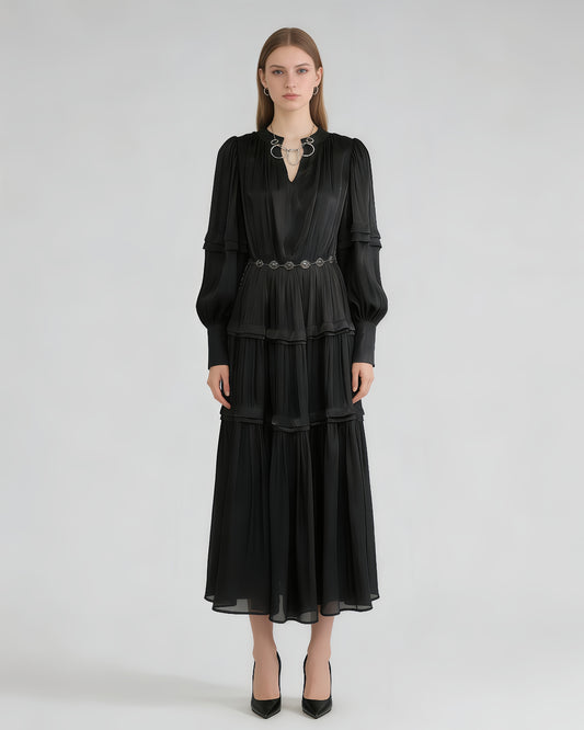 Black Shiny Lantern Sleeve Tiered Maxi Dress