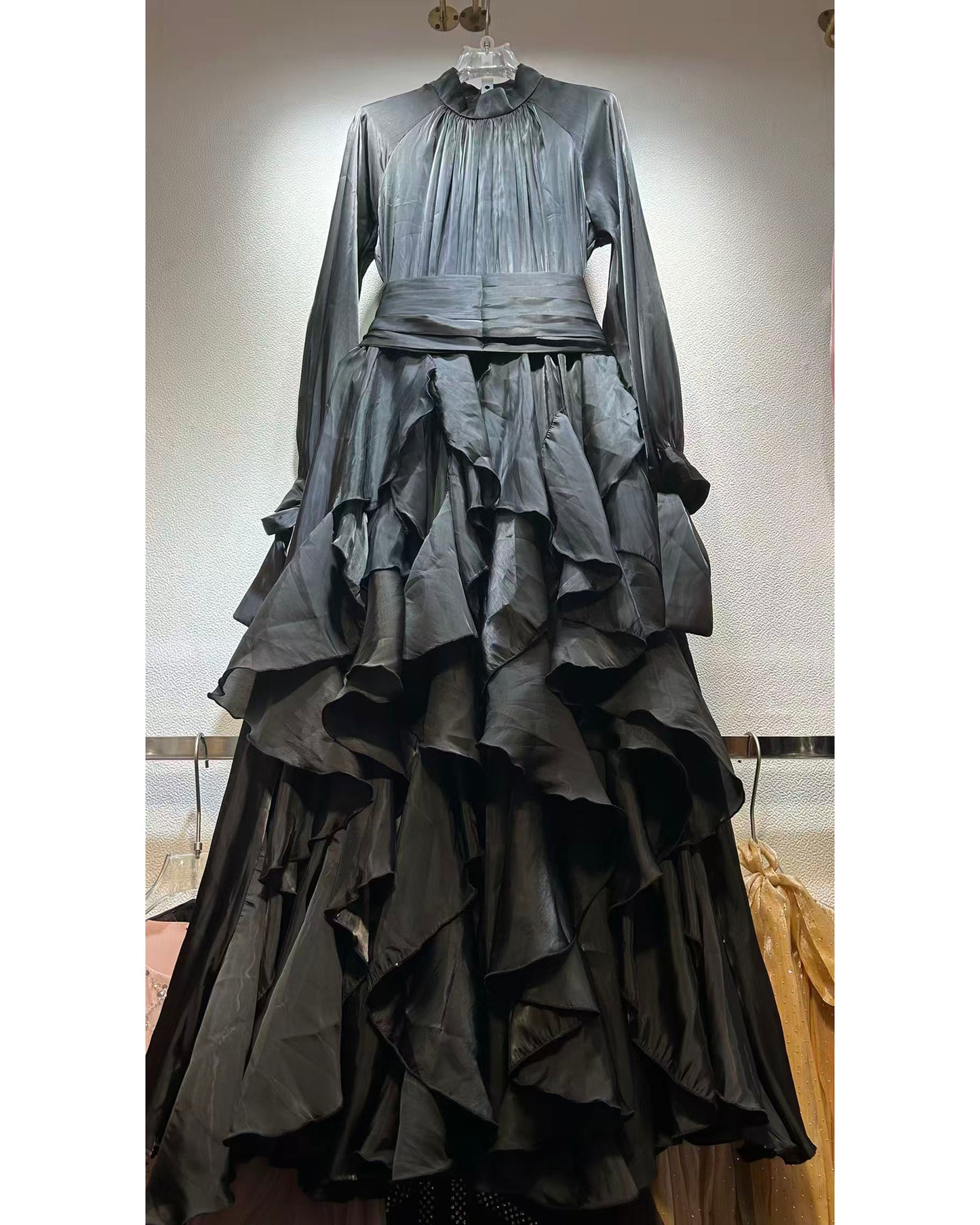 Black Shiny Ruffled Maxi Dress with High Neck & Tie Cuffs