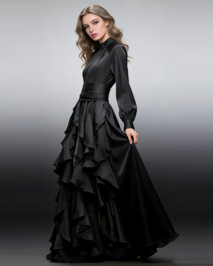Black Shiny Ruffled Maxi Dress with High Neck & Tie Cuffs