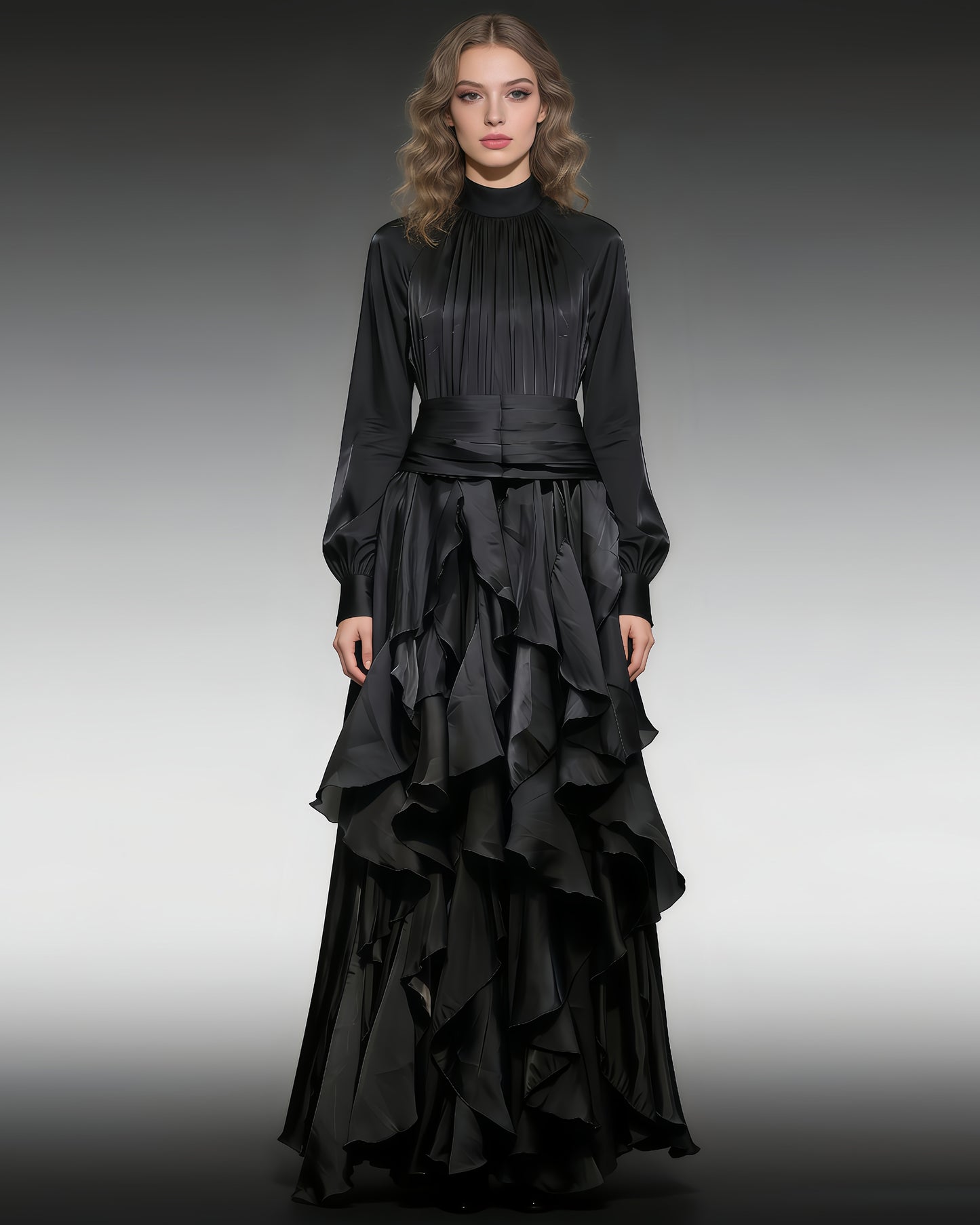 Black Shiny Ruffled Maxi Dress with High Neck & Tie Cuffs