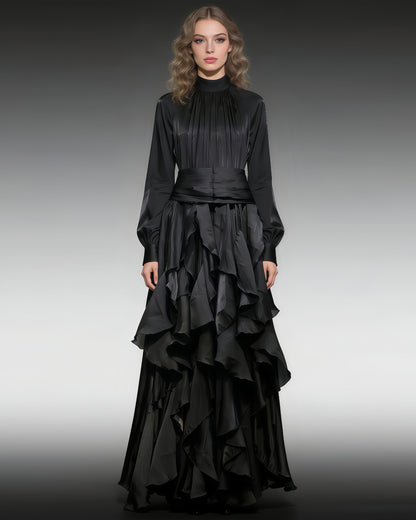 Black Shiny Ruffled Maxi Dress with High Neck & Tie Cuffs