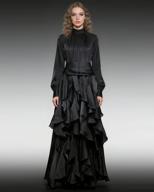 Black Shiny Ruffled Maxi Dress with High Neck & Tie Cuffs