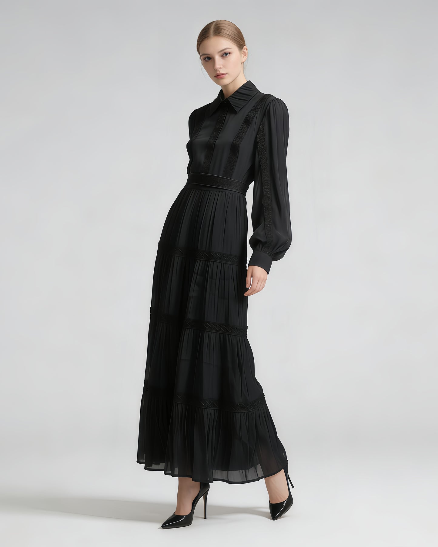 Black Shirt Collar Lace Tiered Maxi Dress