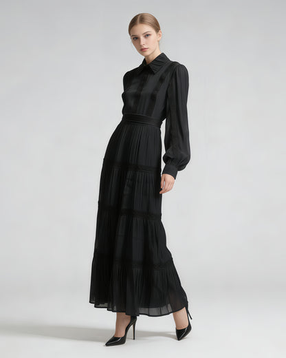 Black Shirt Collar Lace Tiered Maxi Dress