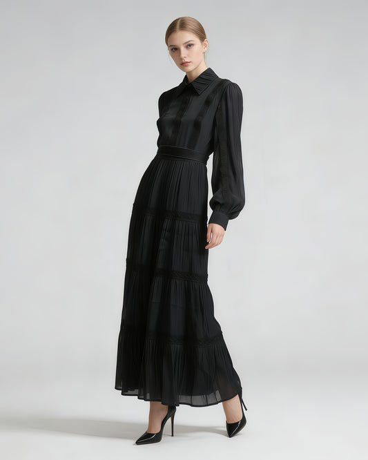 Black Shirt Collar Lace Tiered Maxi Dress
