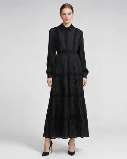 Black Shirt Collar Lace Tiered Maxi Dress