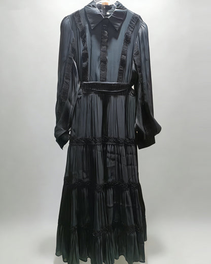 Black Shirt Collar Lace Tiered Maxi Dress