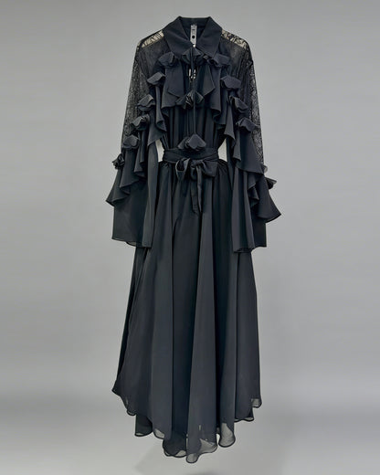 Black Shirt Collar Ruffled Shiny Maxi Dress