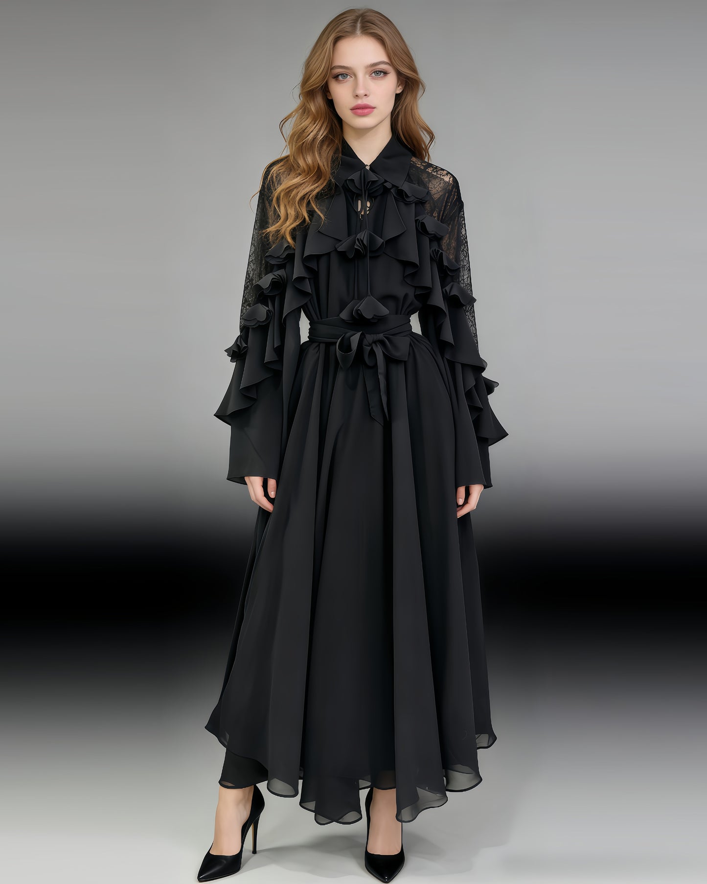 Black Shirt Collar Ruffled Shiny Maxi Dress