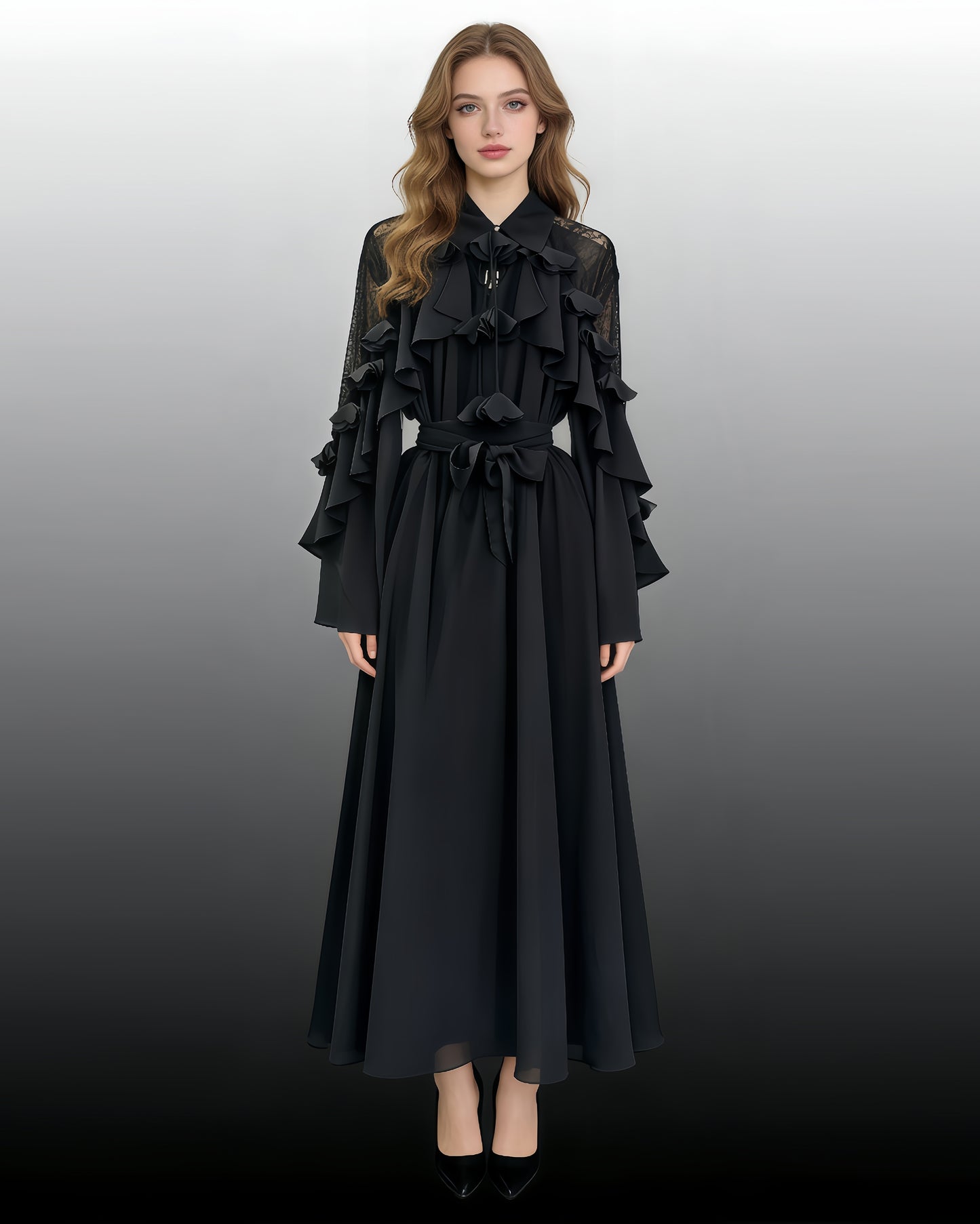 Black Shirt Collar Ruffled Shiny Maxi Dress