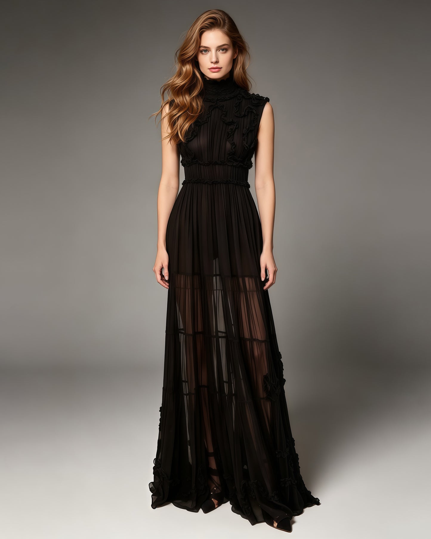 Black Sleeveless High Neck Ruffle Maxi Dress (1)
