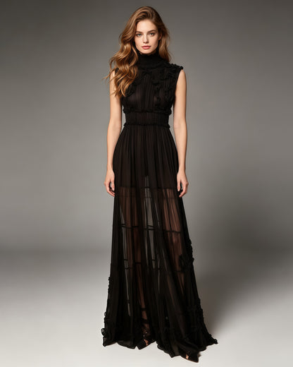 Black Sleeveless High Neck Ruffle Maxi Dress (1)