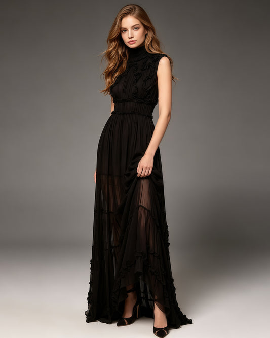 Black Sleeveless High Neck Ruffle Maxi Dress (1)