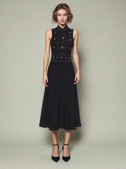 Black Sleeveless Midi Dress with Beaded & Studded Details
