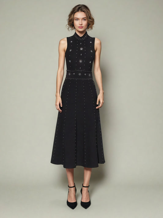 Black Sleeveless Midi Dress with Beaded & Studded Details