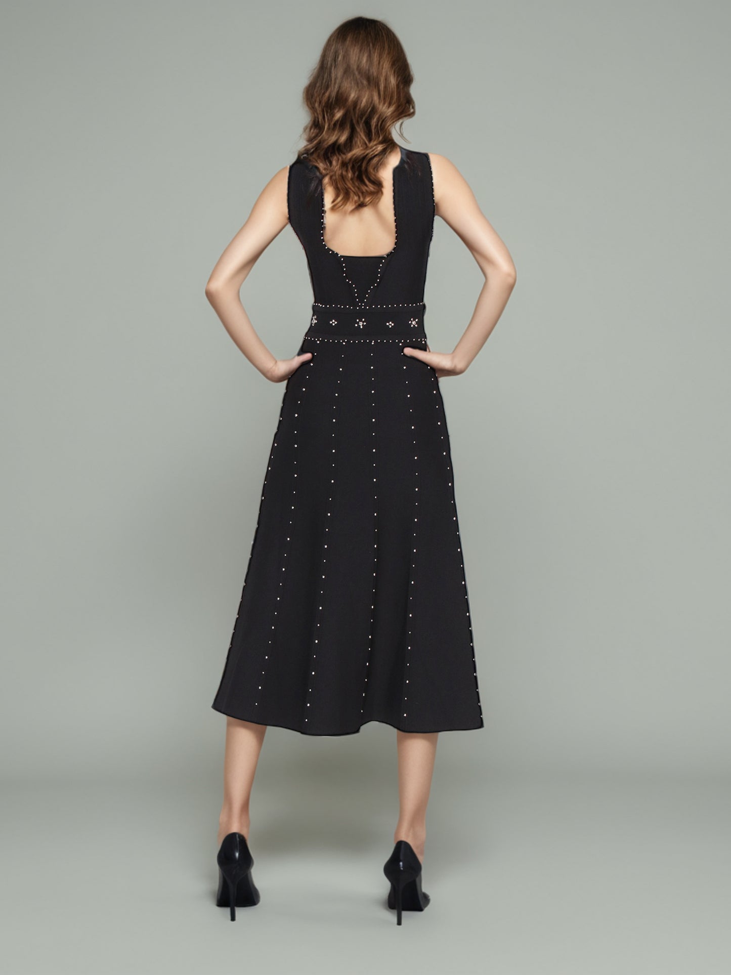 Black Sleeveless Midi Dress with Beaded & Studded Details