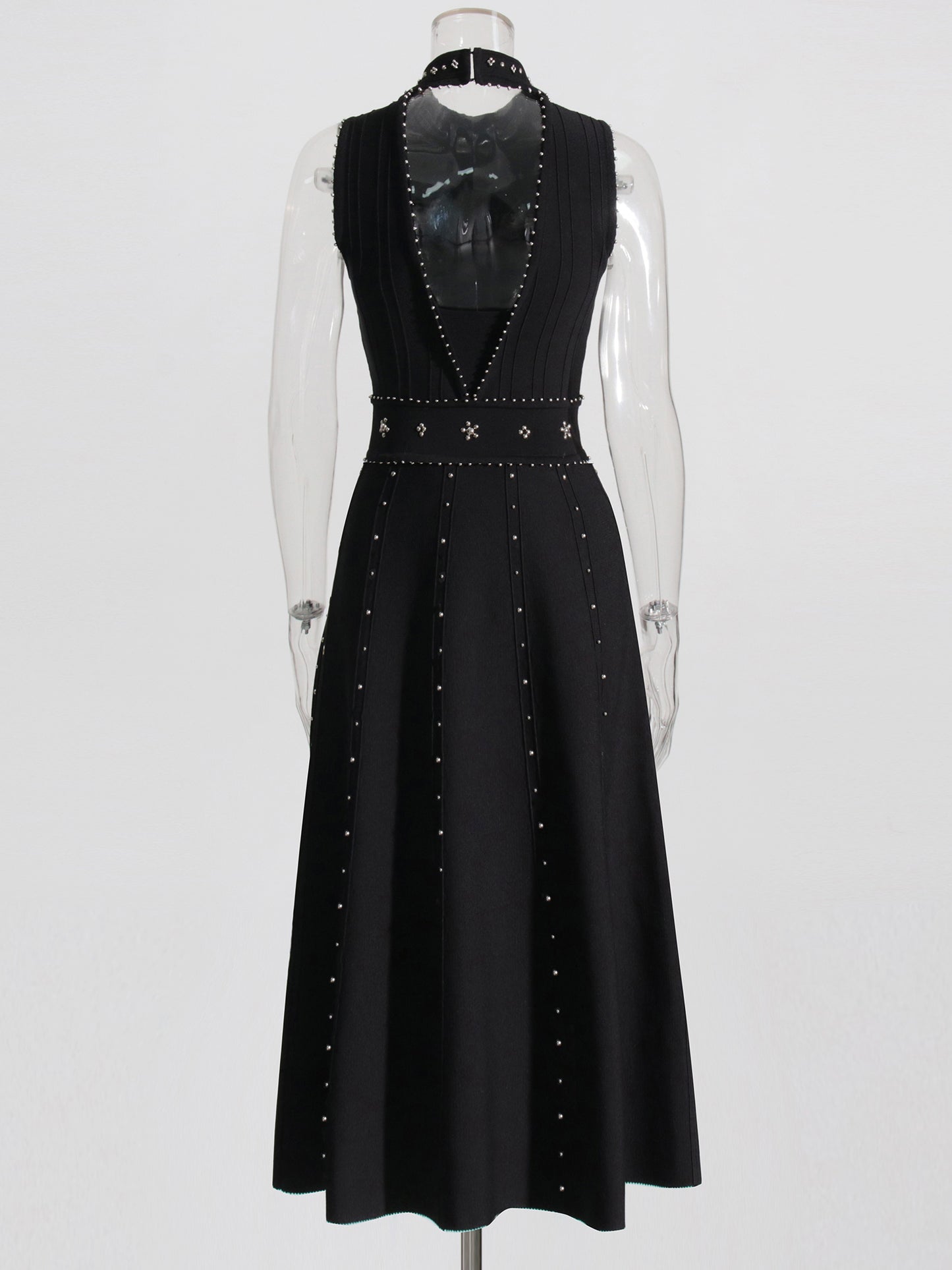 Black Sleeveless Midi Dress with Beaded & Studded Details
