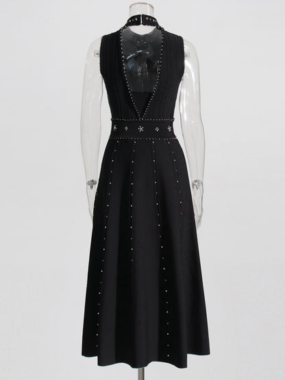 Black Sleeveless Midi Dress with Beaded & Studded Details