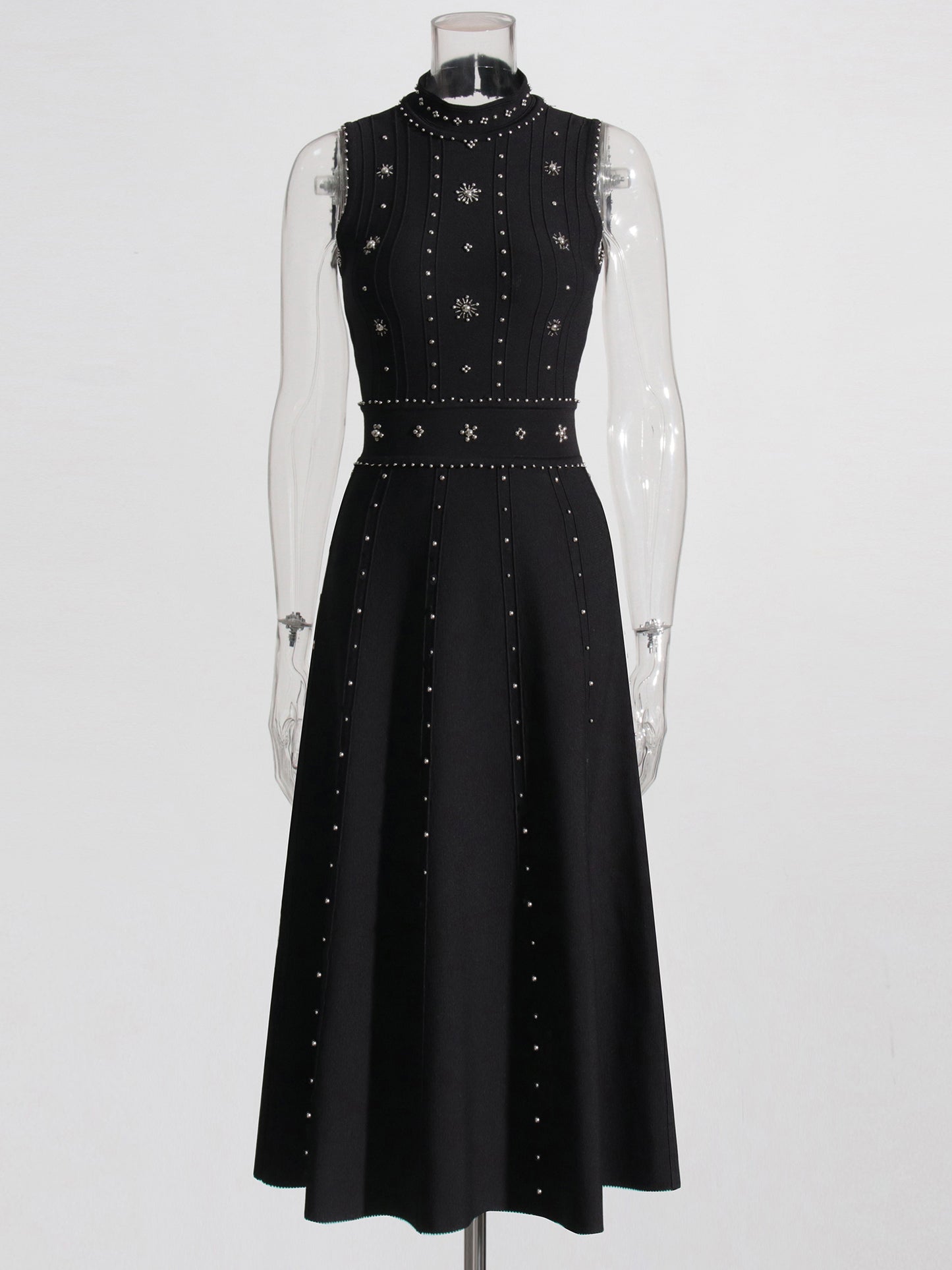 Black Sleeveless Midi Dress with Beaded & Studded Details