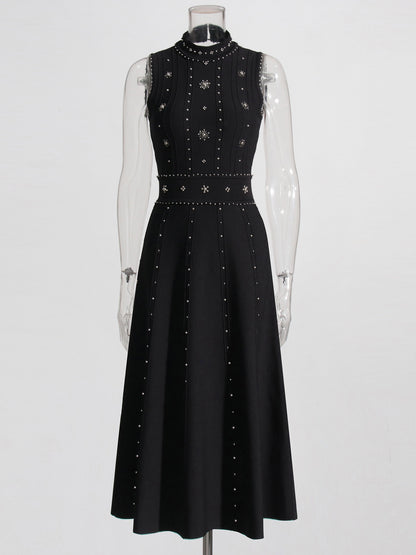 Black Sleeveless Midi Dress with Beaded & Studded Details