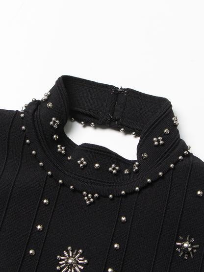 Black Sleeveless Midi Dress with Beaded & Studded Details