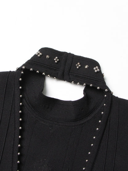 Black Sleeveless Midi Dress with Beaded & Studded Details