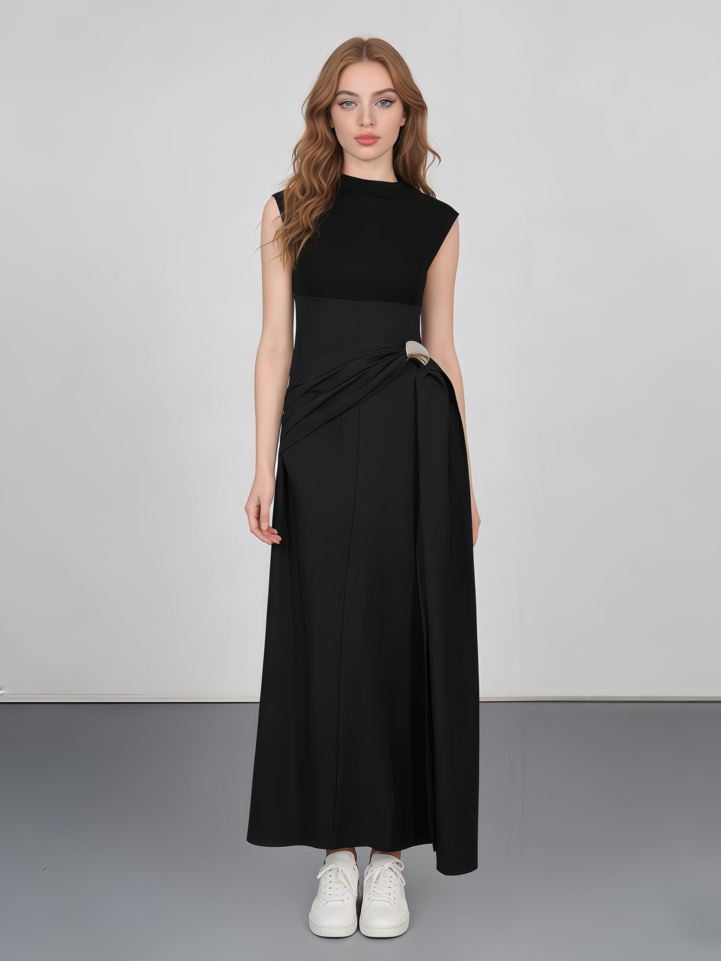 Black Sleeveless Midi Dress with Metal-Accent Drape