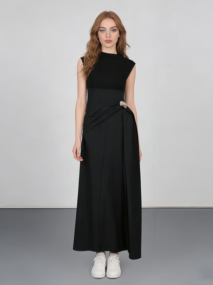 Black Sleeveless Midi Dress with Metal-Accent Drape