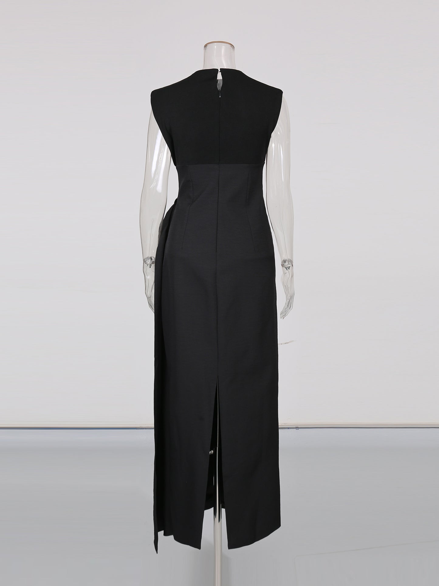 Black Sleeveless Midi Dress with Metal-Accent Drape