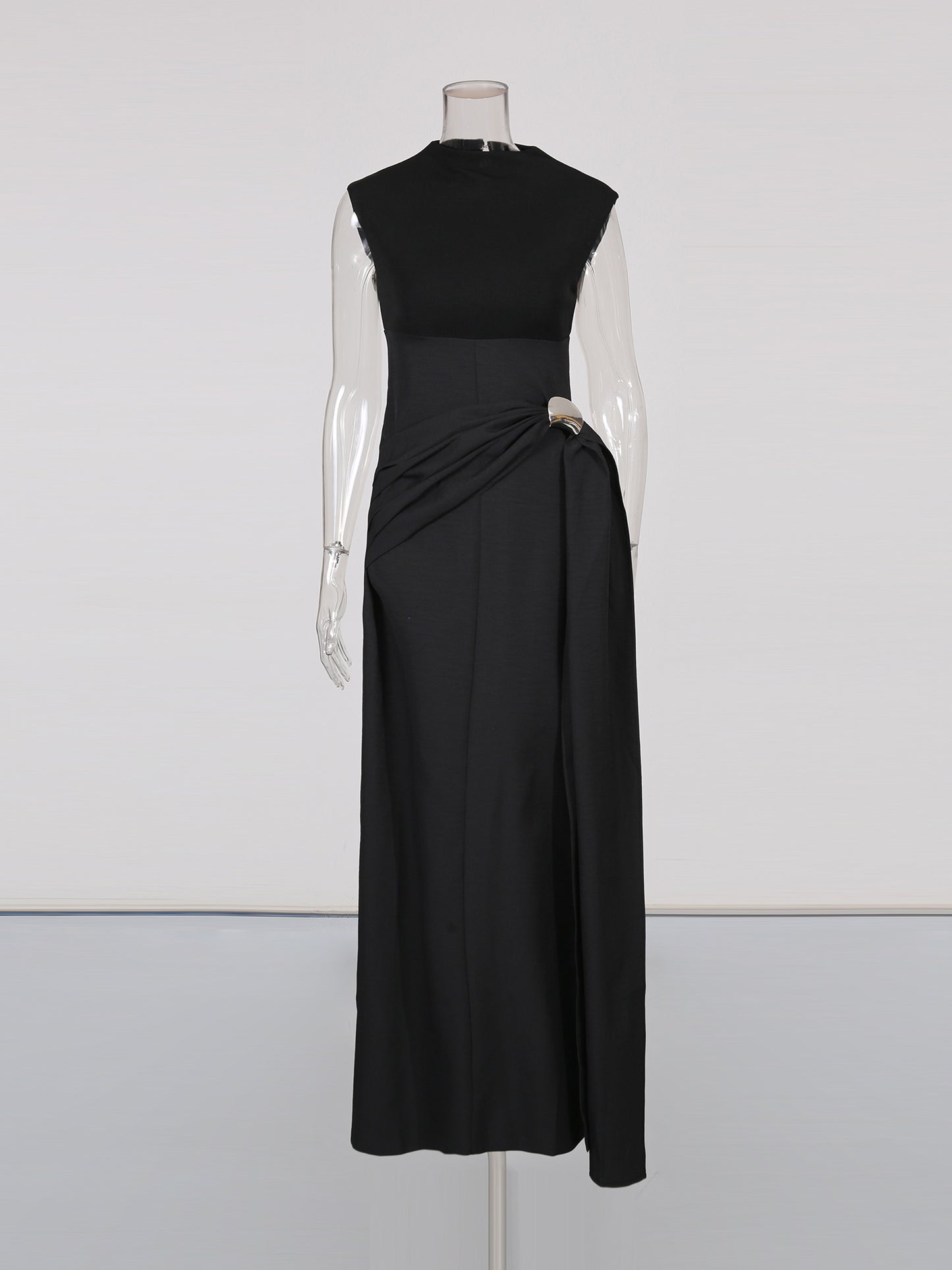 Black Sleeveless Midi Dress with Metal-Accent Drape