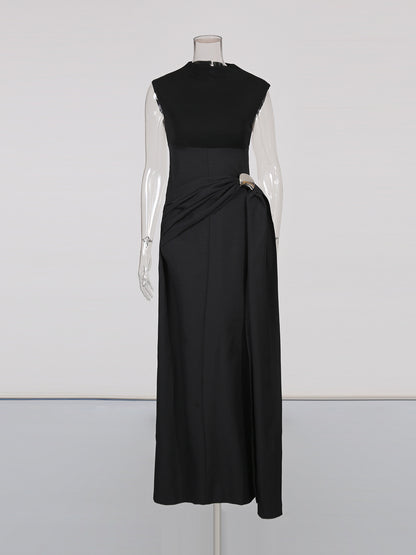 Black Sleeveless Midi Dress with Metal-Accent Drape