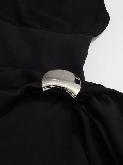 Black Sleeveless Midi Dress with Metal-Accent Drape