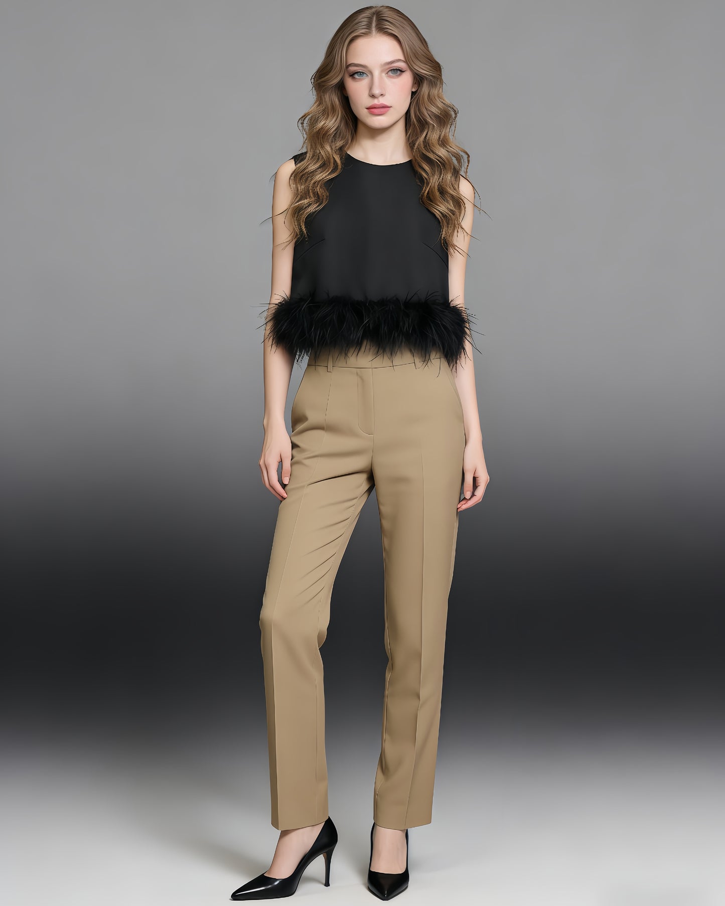 Black Sleeveless Top with Feather Hem