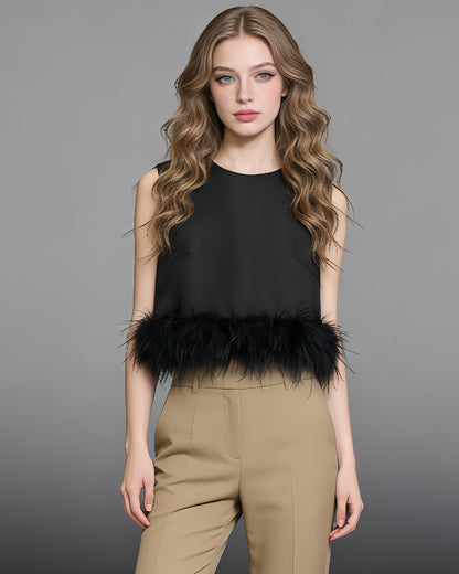 Black Sleeveless Top with Feather Hem