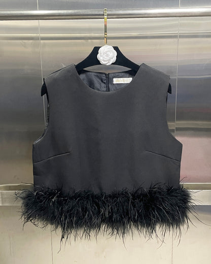 Black Sleeveless Top with Feather Hem