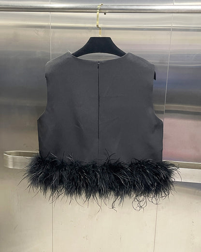 Black Sleeveless Top with Feather Hem