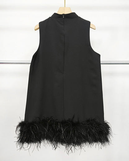 Black Sleeveless Turtleneck Dress with Feather Hem